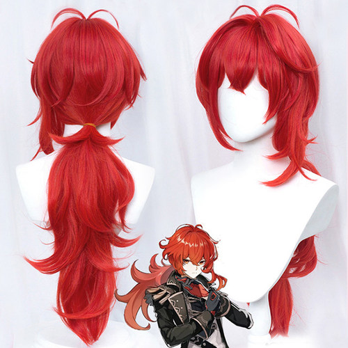 Diluc Wig Genshin Impact Cosplay Red Hair Long Curly Styled