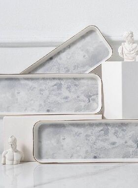 Ceramic Plate Marble Round Tray Golden Edge Steak Tableware