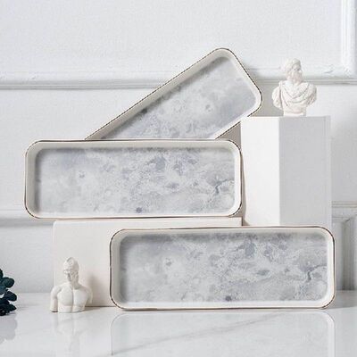 Ceramic Plate Marble Round Tray Golden Edge Steak Tableware