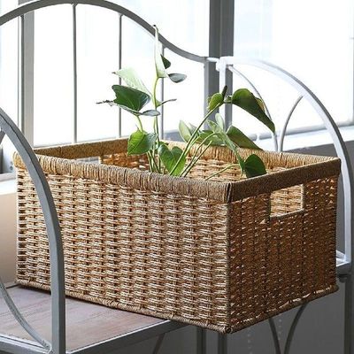 Handwoven Rattan Storage Basket Square Wicker Tray Picnic