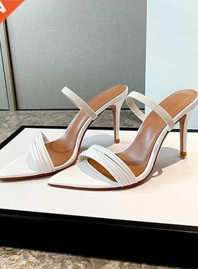 2021 new summer net red one line high heel white sandals wit