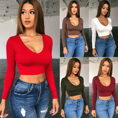 Women Casual Solid Color Long Sleeeve Crop Top  Fitness Spor