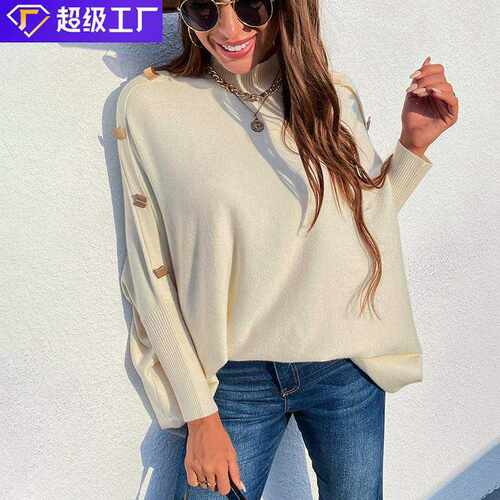 ew large bat sleeve shoulder buckle high neck sweater woen
