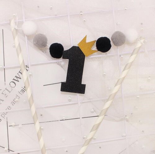 1 Set Kawaii ONE Year Crown Pompon Cake Toppers Birthday C