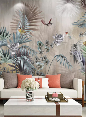 Custom Size Classical Art Mural Plant Leaves Retro Living