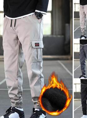 Men Pants Solid Color Multi Pockets Drawstring Plush Lining