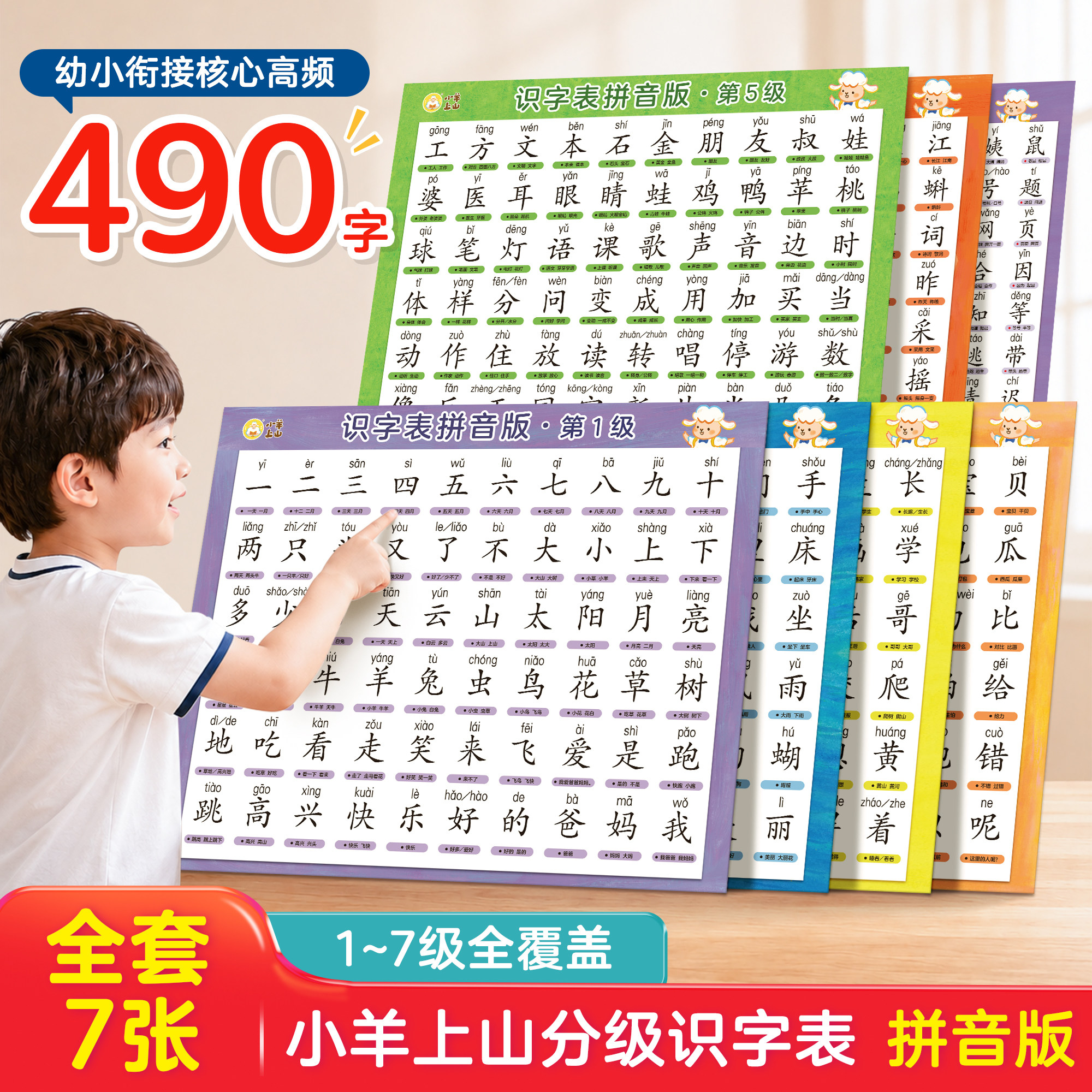 小羊上山分级识字表拼音版（第1~7级）语文识字表挂图儿童小学生知识点上册下册生字表认字挂图