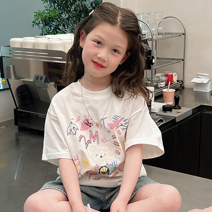 纯棉大童装韩版白T恤女童网红洋派短袖儿童上衣女孩2026夏装新款