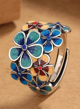 新品新款蓝珐琅繁花似锦戒指女大