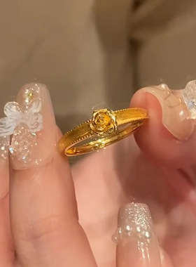 金色拉丝珠边玫瑰花戒指细闪高级