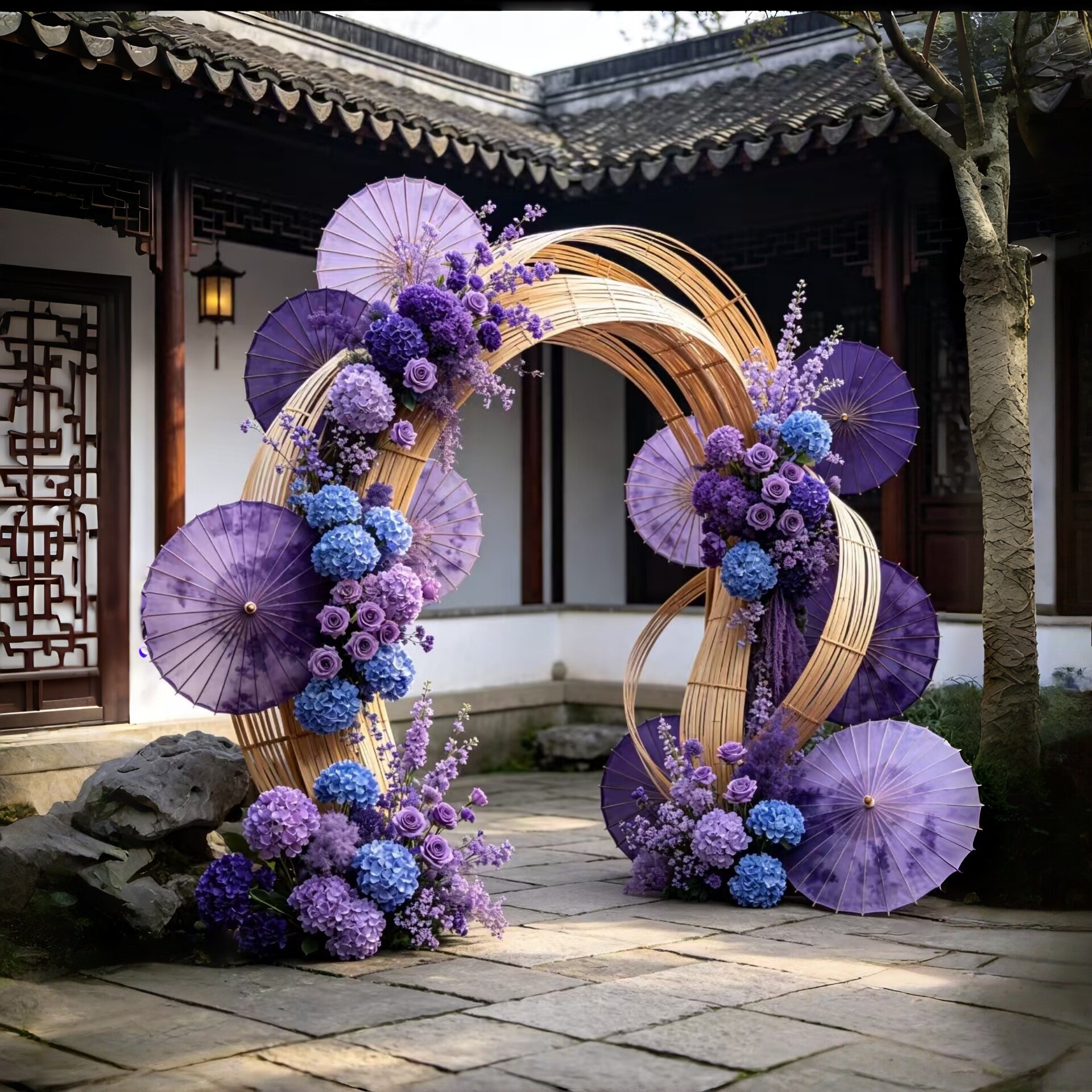 新中式竹编拱门花艺油纸伞美陈图片