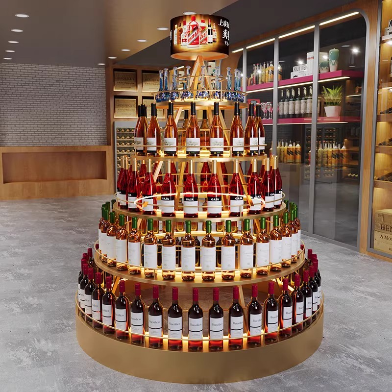 红酒展示架旋转梯形多层发光啤酒架酒柜圣诞树中岛洋酒陈列架定制