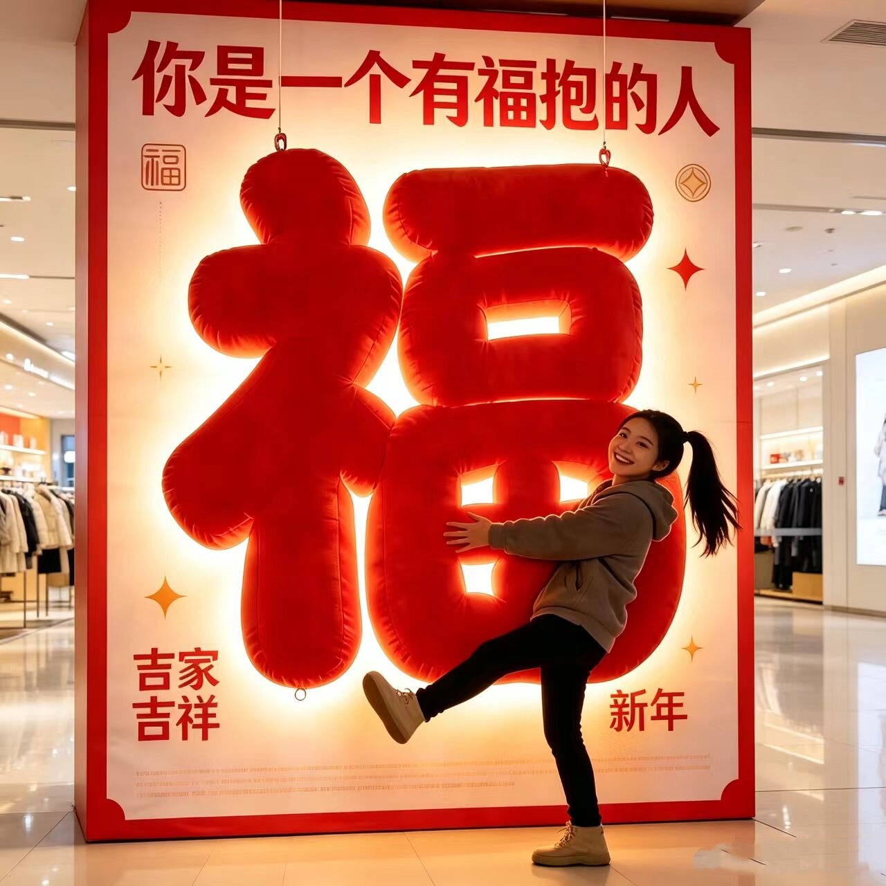 新年元旦打卡拍照抱抱福毛绒福字