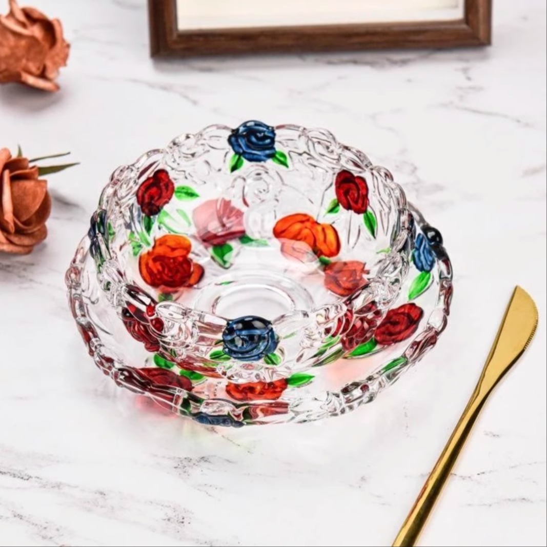 高颜值手绘水晶玻璃玫瑰花碗碟套装家用餐具套装SRT