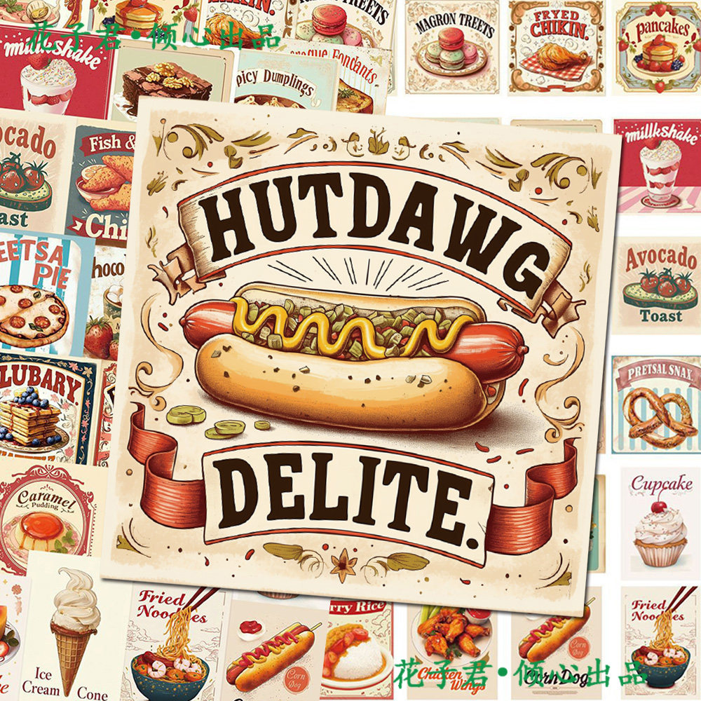 100张复古美式面包海报涂鸦贴纸ins风彩绘涂鸦插画装饰背卡手账