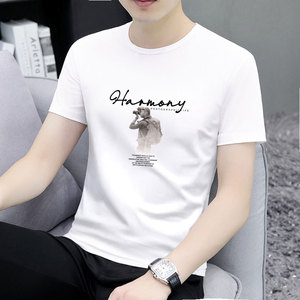 品牌白色男士短袖t恤纯棉夏季新款圆领修身潮牌印花内搭薄款体恤