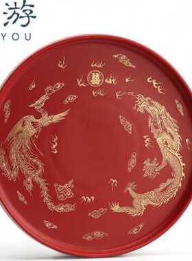 新款吾游结婚托盘糖果盘果盘茶盘红色陶瓷龙凤盘新娘敬茶婚庆用品