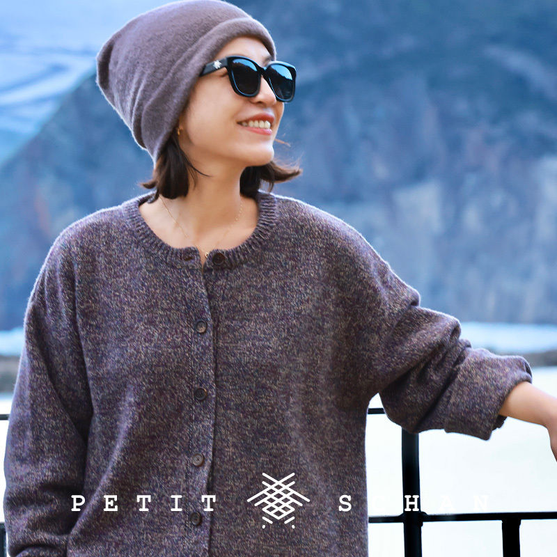 小闪纯羊毛紫花纱亨利领毛衣开衫