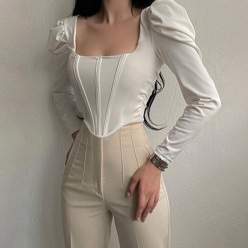French Style Women Square Collar Irregular Crop Top Elegant