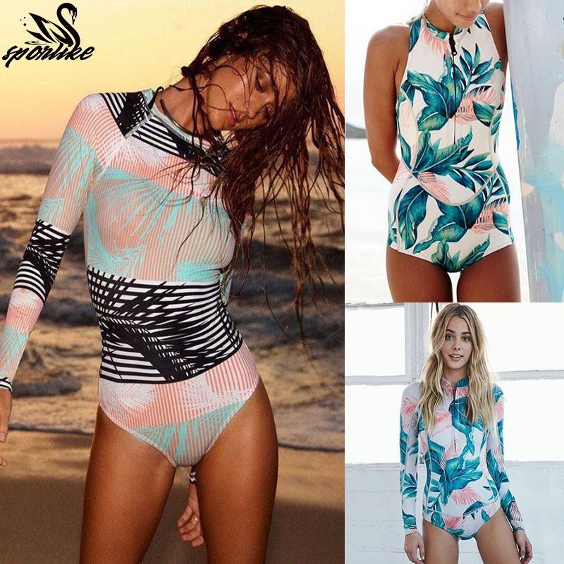 Print One Piece Swimsuit Long Sleeve Swimwear Women Surfing