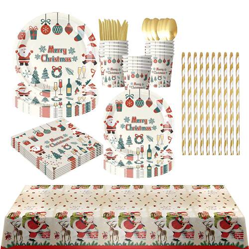 圣诞节派对装扮用品纸盘桌布 Christmas Party Paper Plates Cups