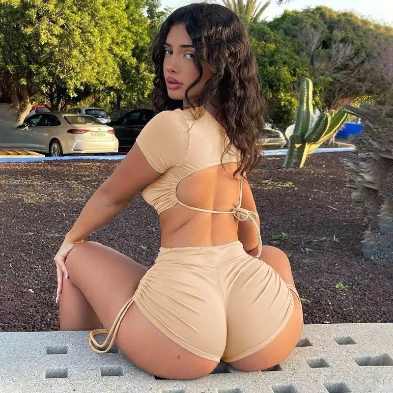 008 Short Sleeve Solid Color Drawstring Shorts Two Piece Set