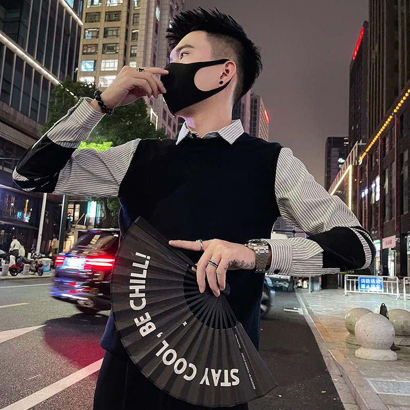 MY02/P88控118 假两件长袖男士衬衫领青年内搭秋冬季条纹针织衫白图片