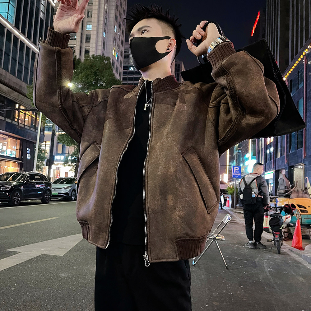 A66/P178控238 秋冬男士皮毛一体保暖防风外套潮牌痞帅上衣咖1图片
