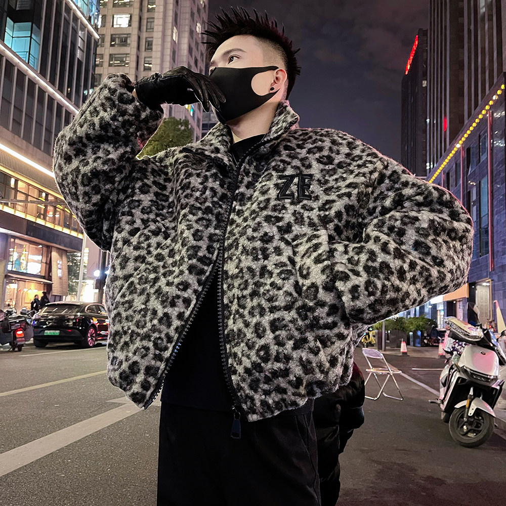 A69P148控198潮牌秋冬款男士加厚保暖毛呢短款豹纹棉服外套3,男装棉衣,电商A366