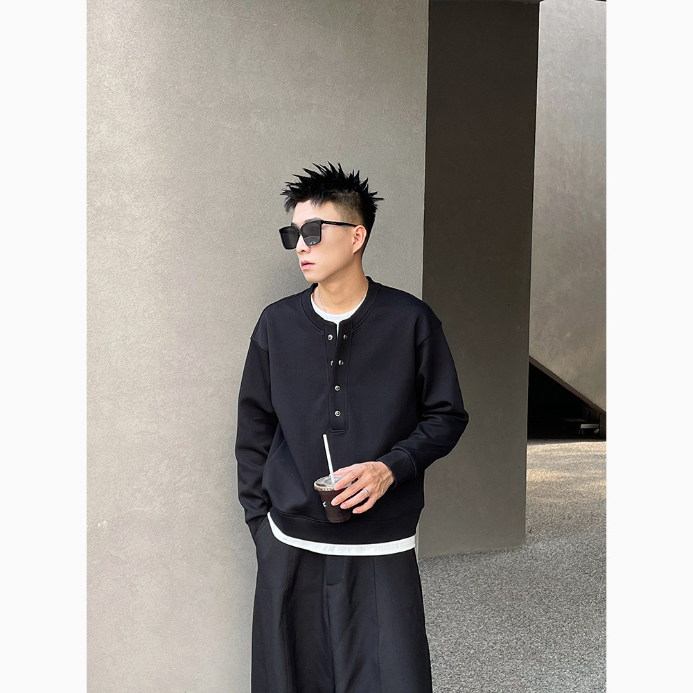 W133/特P98控138秋款卫衣男潮牌老钱风质感假两件拼接休闲上衣灰,男装卫衣,电商A366