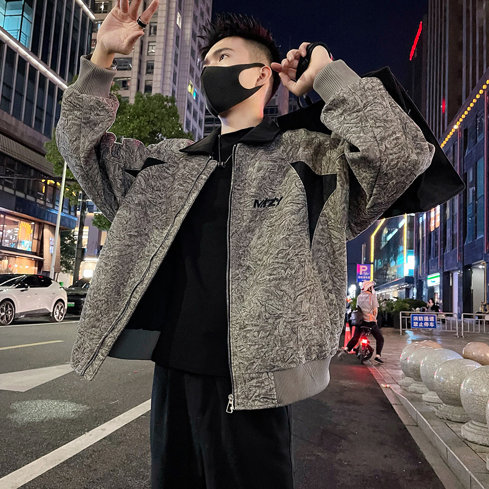 J82/特P138控178秋款解构设计拼皮刺绣字母款阔版夹克外套灰1,男装夹克,电商A366