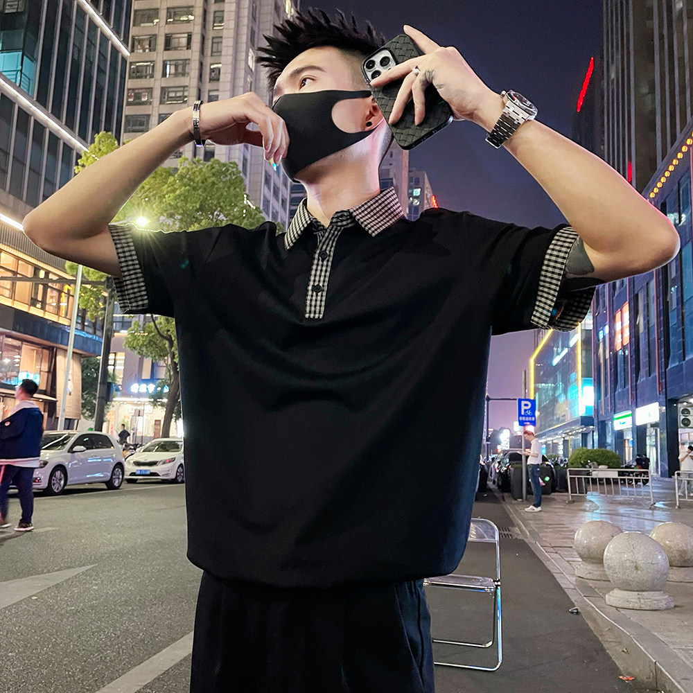 T268/P58控88 男士短袖POLO衫设计感格纹拼料撞色休闲男装半袖黑1图片