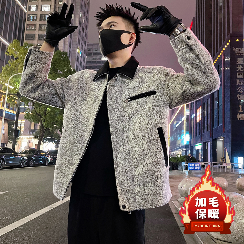 J80加毛/P148拉链装饰痞帅高级感拼接皮翻领毛呢夹克外套灰1,男装夹克,电商A366 J80加毛/P148拉链装饰痞帅高级感拼接皮翻领毛呢夹克外套灰1,男装夹克,电商A366