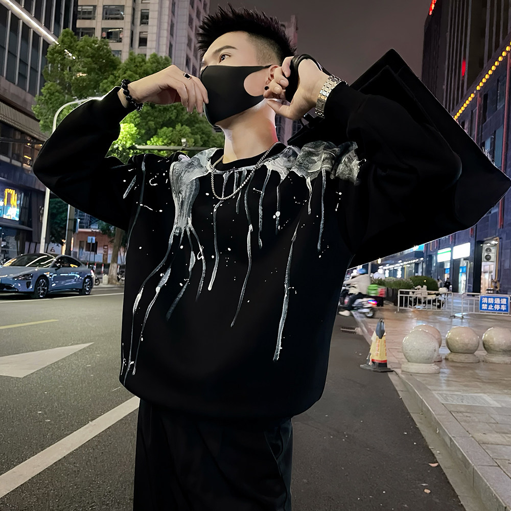 W101/P78控108潮牌痞帅卫衣男泼墨印花圆领长袖上衣休闲打底衫,男装T恤,电商A366