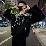 W101/P78控108潮牌痞帅卫衣男泼墨印花圆领长袖上衣休闲打底衫，男装T恤，电商A366