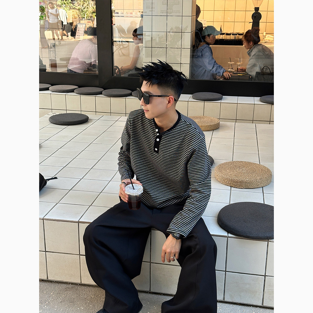 CX11/特P50控80 长袖T恤男士潮牌亨利领高级感痞帅条纹打底衫黑3图片