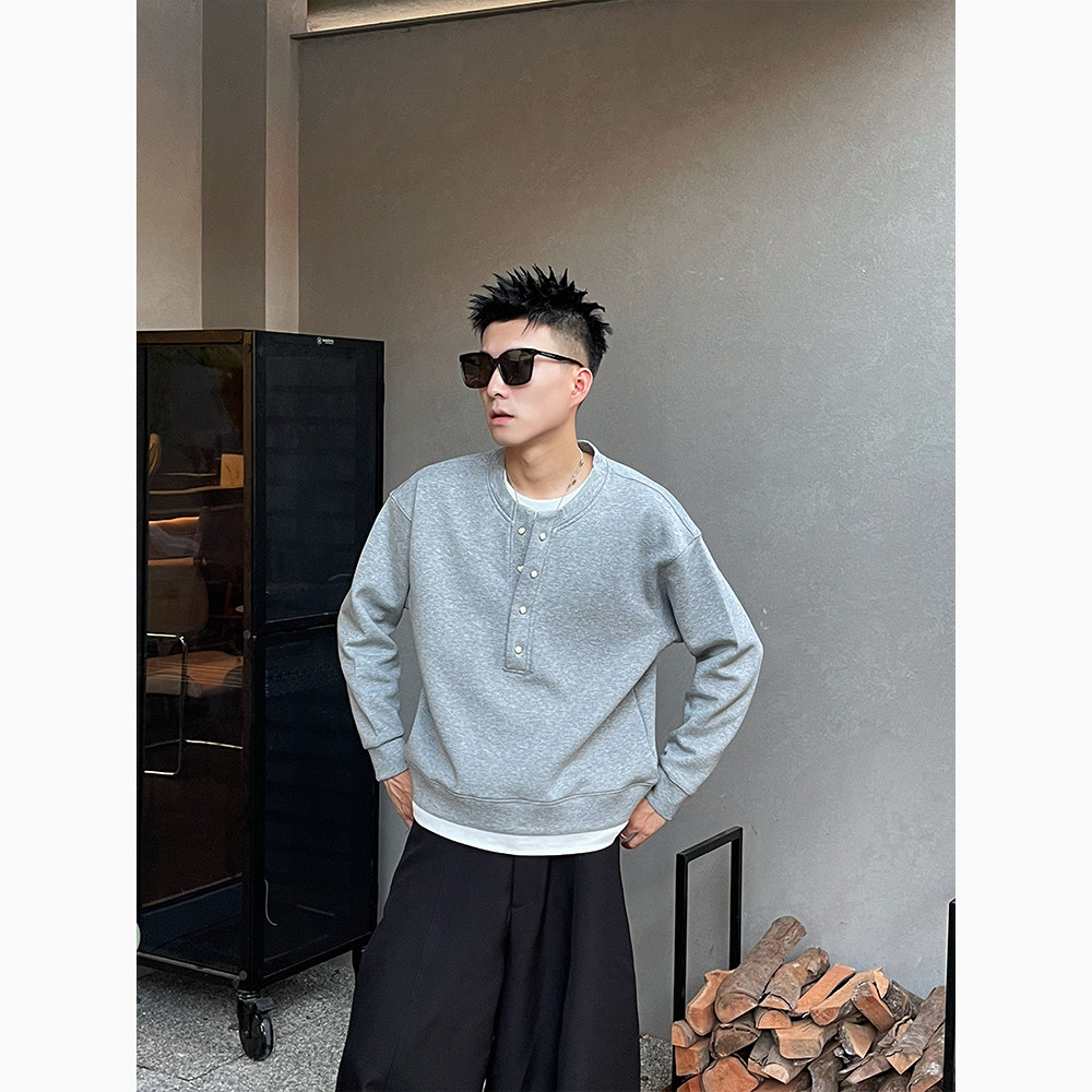 W133/特P98控138秋款卫衣男潮牌老钱风质感假两件拼接休闲上衣灰,男装卫衣,电商A366