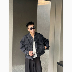 J71/特P138控178 男士牛仔外套质感复古老钱风翻领休闲上衣黑1,男装工装外套,电商A366