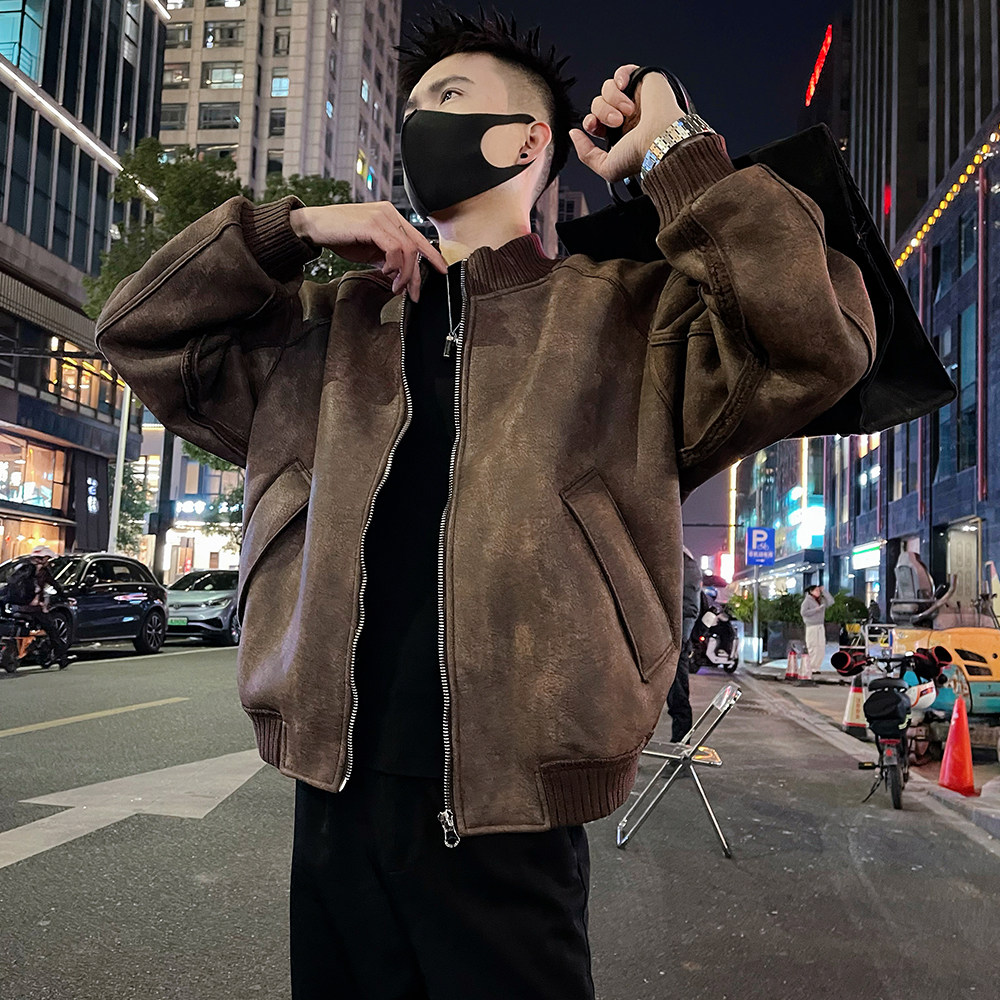 A66/P178控238秋冬男士皮毛一体保暖防风外套潮牌痞帅上衣咖1,男装棉衣,电商A366
