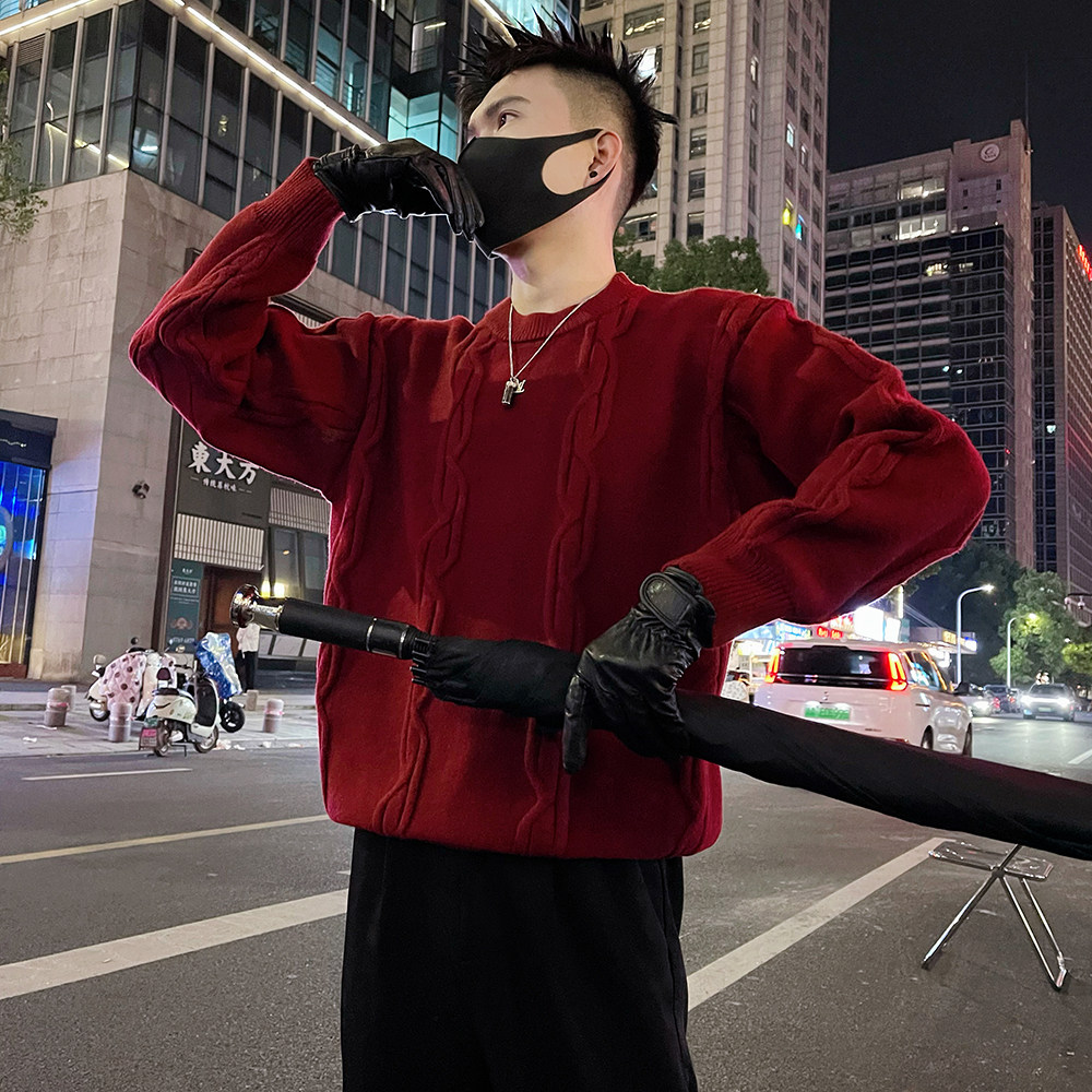 MY98/P98控138秋冬男士针织毛衣打底设计感肌理感打底衫上衣红1,男装T恤,电商A366