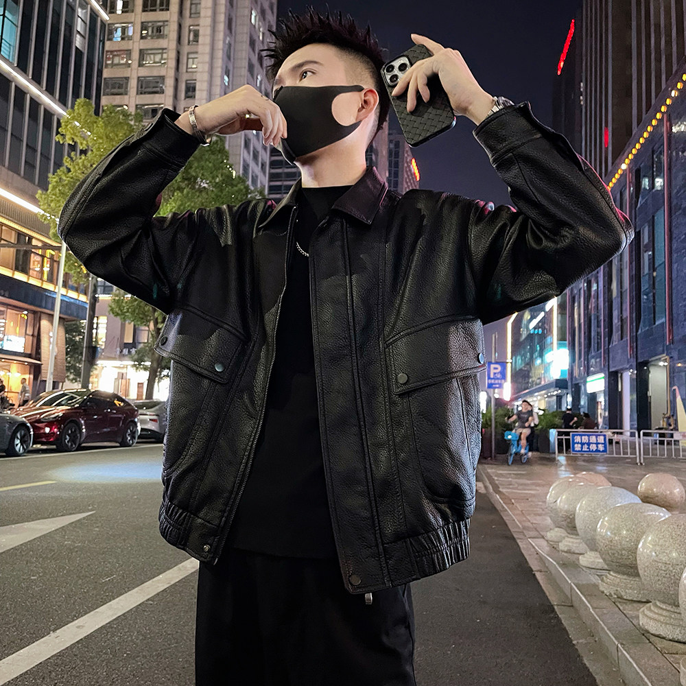 J72 特P138控178 秋款夹克外套男潮牌肌理感老钱风痞帅翻领皮衣2图片