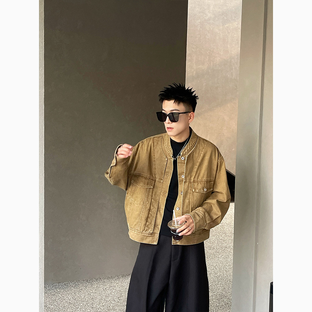 J71/特P138控178男士牛仔外套质感复古老钱风翻领休闲上衣黑1,男装工装外套,电商A366