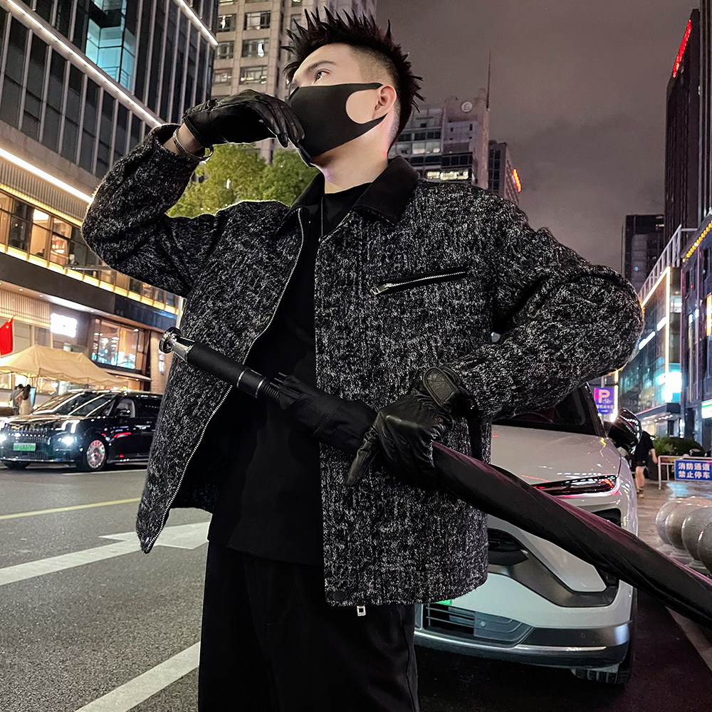 J80/P138控178拉链装饰痞帅高级感拼接皮翻领毛呢夹克外套黑2,男装夹克,电商A366