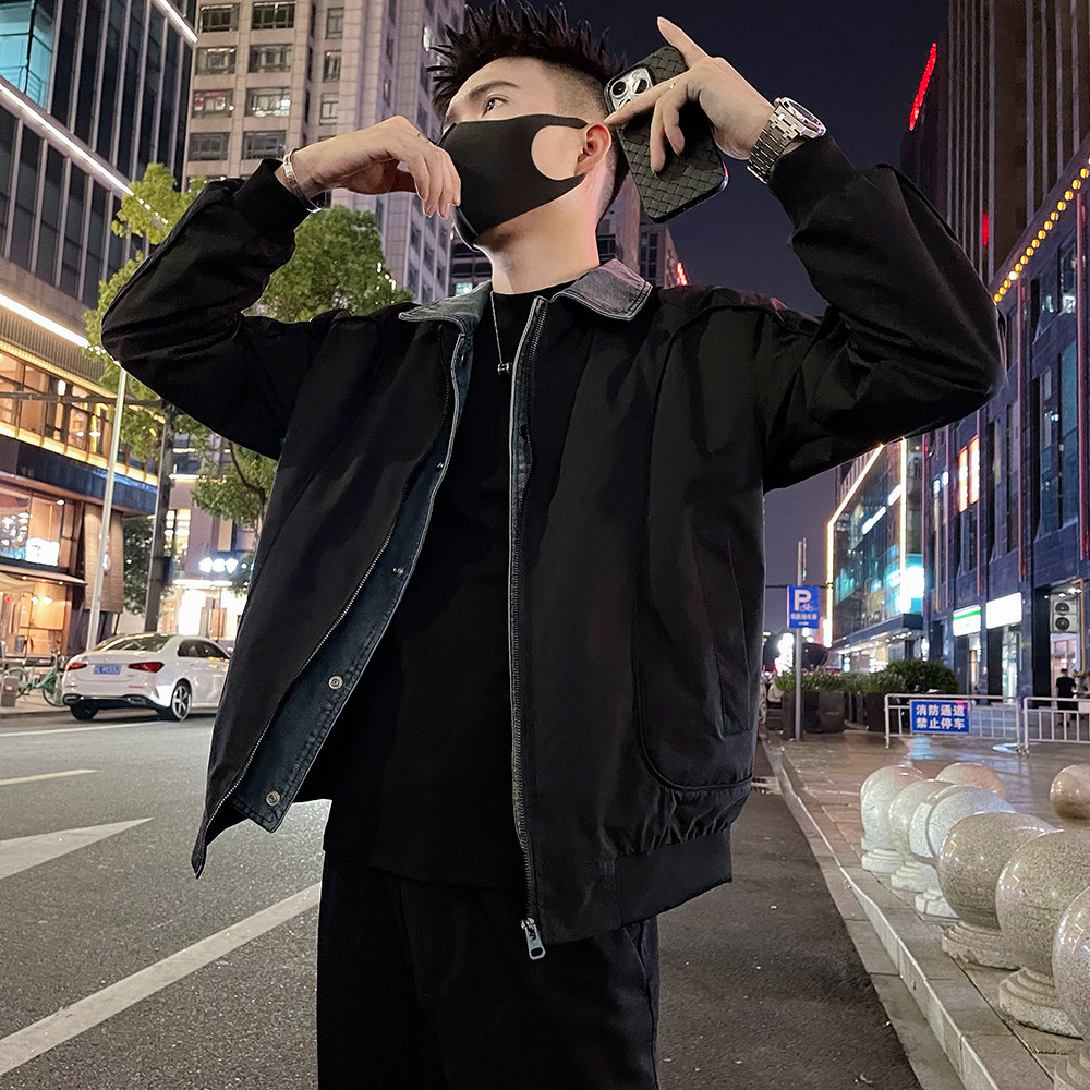 J70/P118控158假两件拼接外套男士秋季高级感牛仔翻领夹克上衣绿,男装工装外套,电商A366