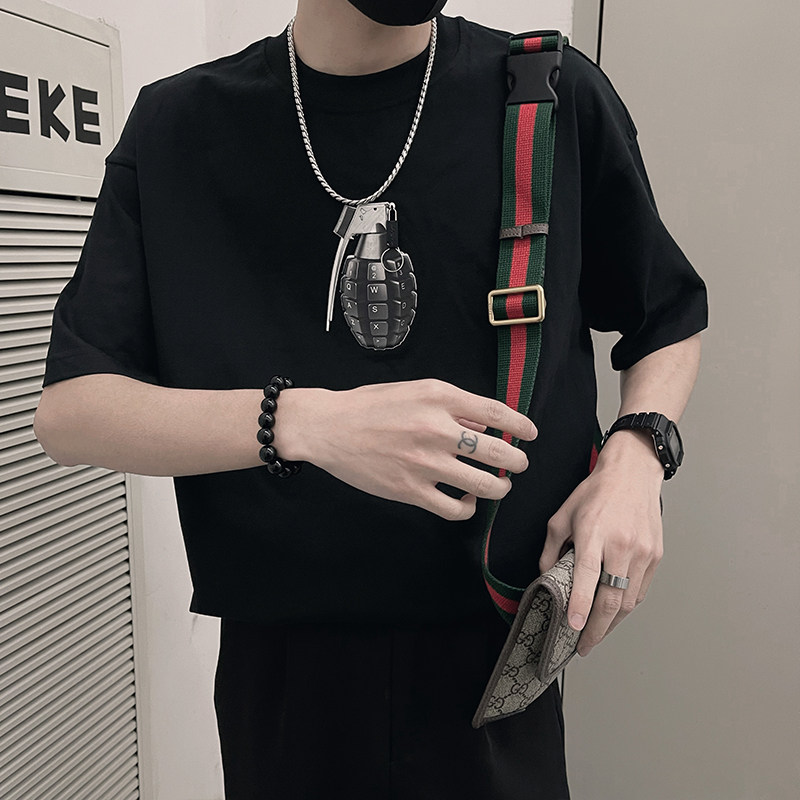 T52/P48控68夏季美式潮牌3D印花图案痞帅短袖T恤男社会小伙黑,男装T恤,电商A366