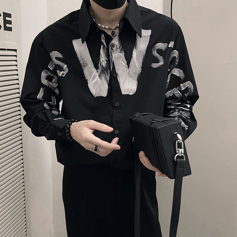 CS10/P75控105秋款长袖衬衫男潮牌设计感手绘小众涂鸦字母衬衣,男装衬衫,电商A366