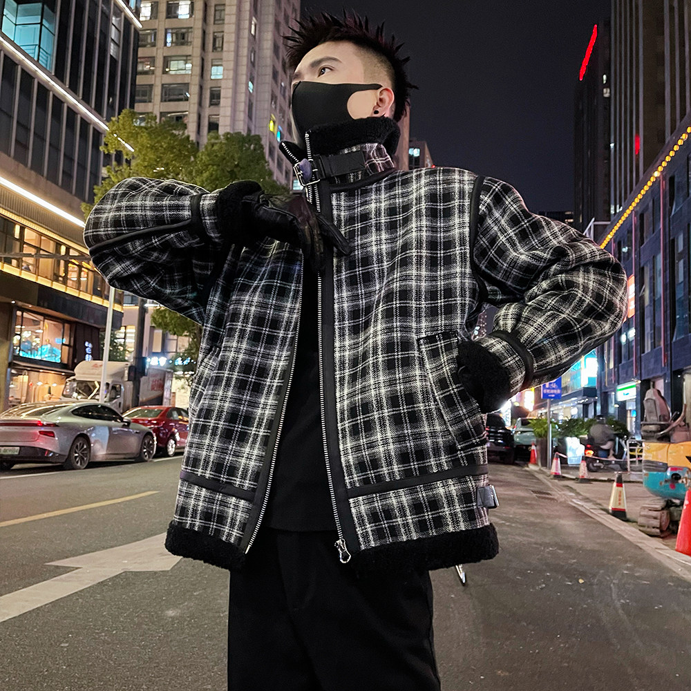 A65/178控238潮牌痞帅男士高级感皮毛一体翻领棉服外套上衣黑3，男装棉衣，电商A366