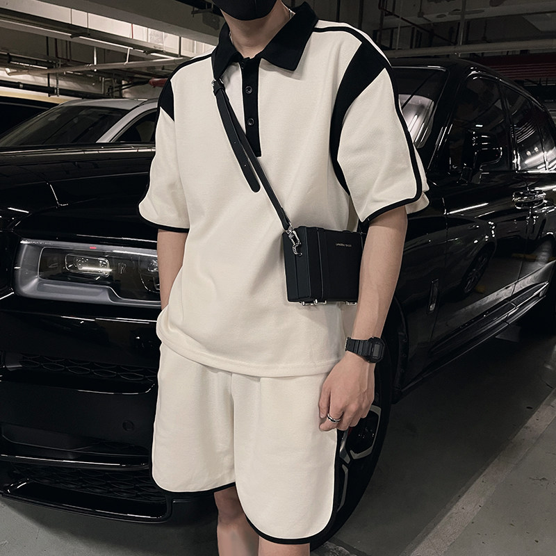 TZ01特P105控1492025夏季新款美式撞色设计感短袖休闲两件套杏1,男装休闲套装,电商A366