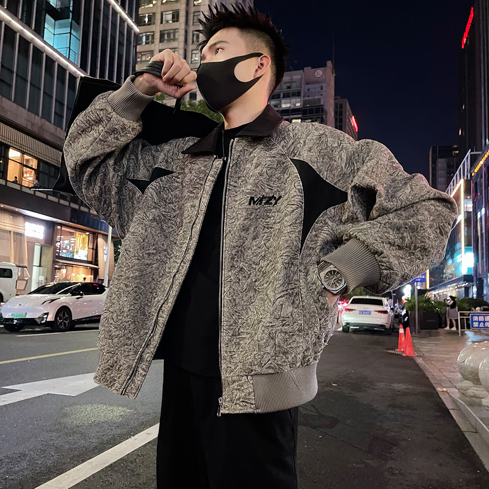 J82/特P138控178秋款解构设计拼皮刺绣字母款阔版夹克外套灰3,男装夹克,电商A366