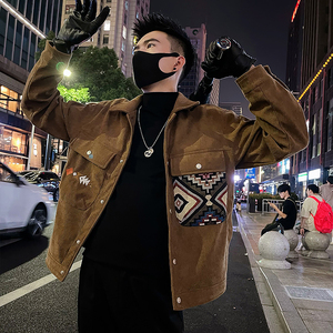 J17/P115控155 秋季设计感潮牌复古民族风拼接灯芯绒夹克外套咖图片